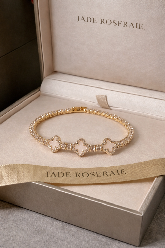 Gold Plated 14K Tennis Bracelet w/ Mother-of-Pearl Clover