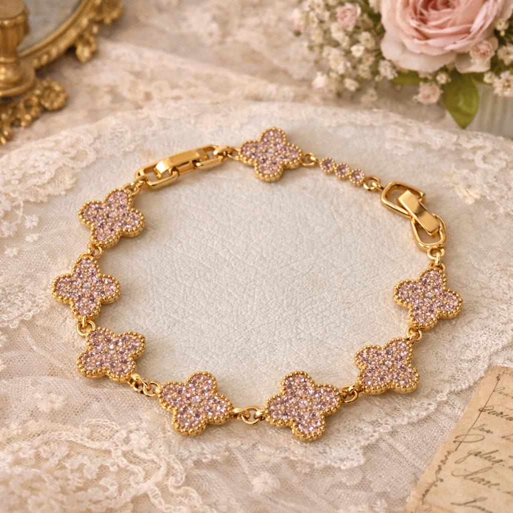 Gold Plated 14K – B004 Rose Pavé Clover Bracelet