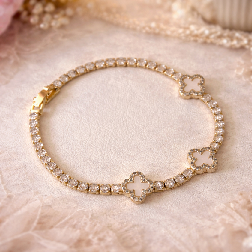 Gold Plated 14K Tennis Bracelet w/ Mother-of-Pearl Clover